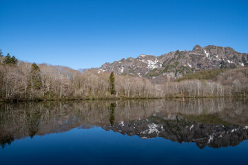 池に山が映り込む美しい風景　戸隠鏡池