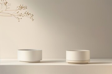 minimalist still life with ceramic containers and dried flowers