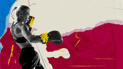 Focused and determined woman, boxing athlete in gloves showing s motivation to win. Abstract...