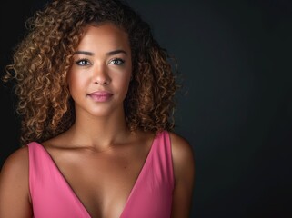 Fototapeta premium Confident woman with curly hair in pink dress