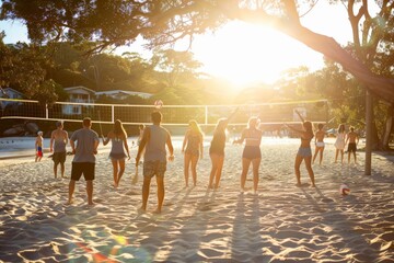 Sunset Beach Volleyball Game with Friends Enjoying Summer Fun