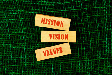Success, Teamwork, Strategy, Planning, Marketing and Management. Business concepts. Words MISSION VISION VALUES a conceptual phrase on wooden blocks top view