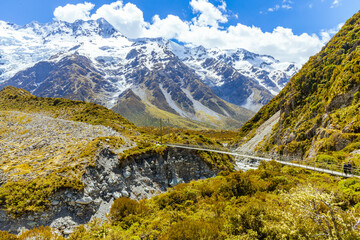 Aerial view of Mount Cook Suspension Bridge in New Zealand