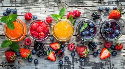 Colorful fresh fruit jams and berries on rustic wooden background