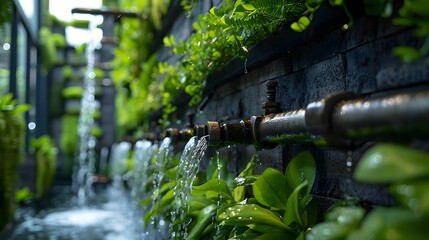 Industrial pipes intertwined with greenery and water, illustrating the blend of technology and nature in a modern setting.

