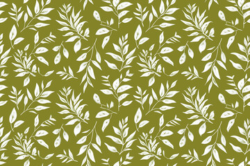 Elegant seamless pattern with white leaves on an olive green background, perfect for minimalist decoration and textile design, creating a sophisticated and natural tile ornament