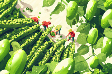 大きなエンドウ豆と収穫する人たち-1