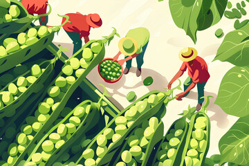 大きなエンドウ豆と収穫する人たち-1