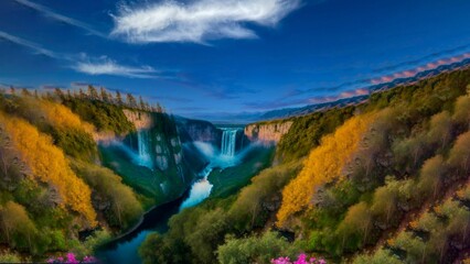 the colorful mountains with water flowing through them are seen from above