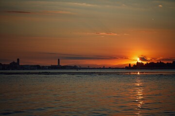 Scenic view of golden sunset over Venice, Italy