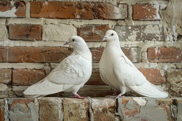 Two doves pigeons sit on a branch and hug, brick wall background