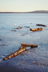 Vertical of wooden pieces on frozen Muggelsee lake in Germany in winter