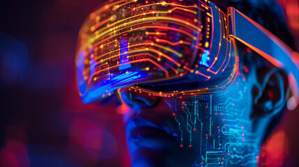 Fototapeta premium Man wearing Colorful Fiber Optic Cables Illuminated in virtual space and digital.