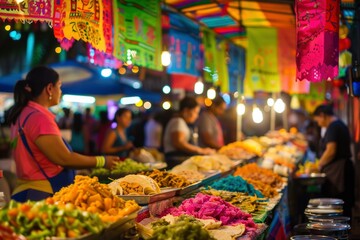 Vibrant Night Market Scene with Colorful Food Stalls and Bustling Crowds