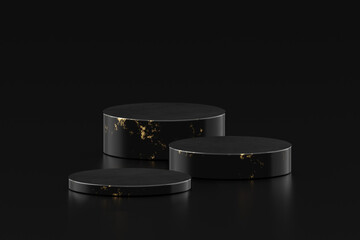 Black gold podium luxury product display on 3d stone background of minimal empty marble pedestal presentation rock stage showcase platform advertising stand or premium cosmetic scene studio template.
