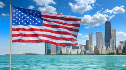 Cityscape backdrop with united states flag waving in the background, showcasing patriotic scene