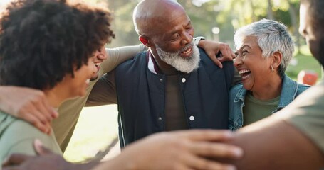 Park, volunteering or happy people in huddle for support, community project or donation in nature for sustainability. Humanitarian, volunteers or senior friends hug with smile, charity service or NGO