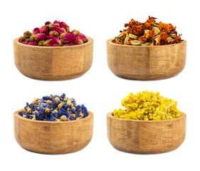 Assortment of dry herbal and berry tea isolated on a white background. Tea party concept. medicinal herbs. Healing herbs.Alternative medicine.Linden, calendula, cornflowers, marigold, tansy, tea rose.