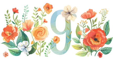 9 number with watercolor flowers and leaf. Perfectly