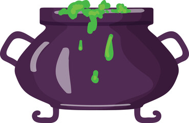 Illustrated purple cauldron with a spilling green magical liquid, isolated on a white background