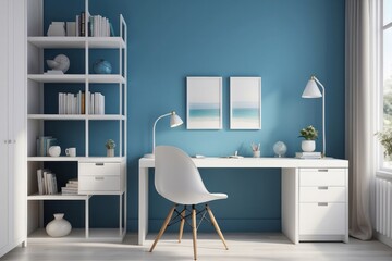 Modern Shore Blue And Frosty White Study Room Design With one White Chairs