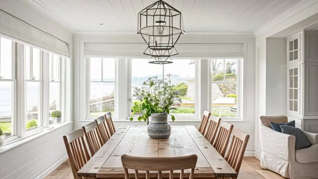 Cottage dining room decor, white coastal interior design and country house furniture, home decor, table and chairs, English countryside style