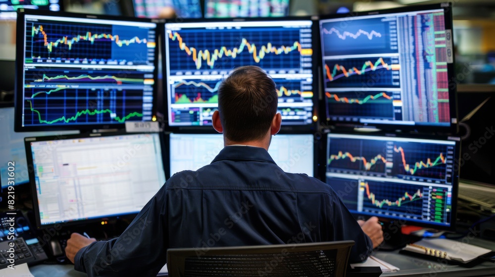 Leinwandbilder Trader working at a desk with multiple monitors showing real-time stock charts and financial news.