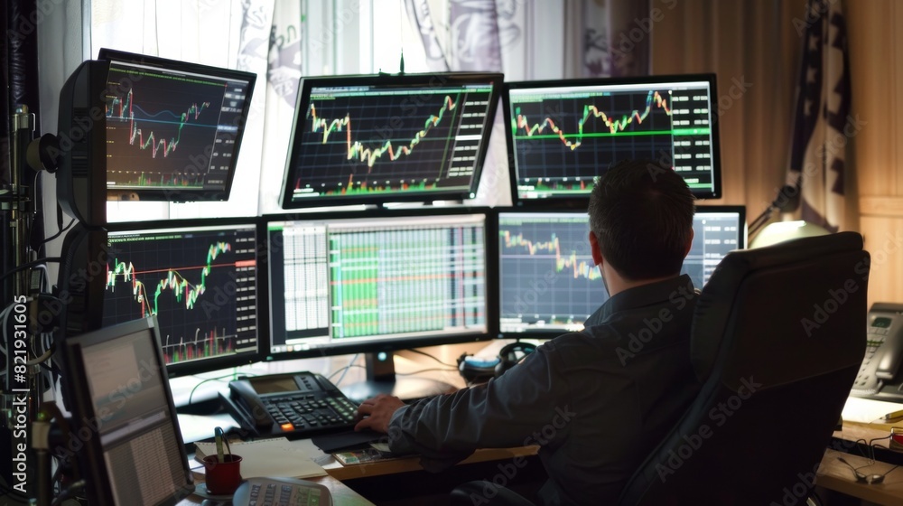 Fototapete Trader working at a desk with multiple monitors showing real-time stock charts and financial news.