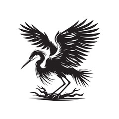 Heron Silhouette: Elegant Black Vector Art Capturing the Grace and Poise of These Majestic Wetland Birds - Heron Vector - Heron Illustration.
