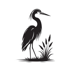 Heron Silhouette: Elegant Black Vector Art Capturing the Grace and Poise of These Majestic Wetland Birds - Heron Vector - Heron Illustration.