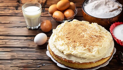 Baked cake on a rustic kitchen table with various ingredients