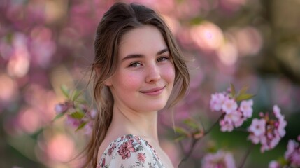 Fototapeta premium young woman in floral dress smiling in garden