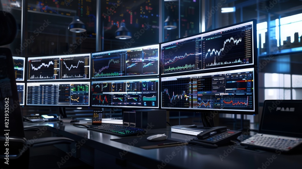 Fototapete trader's desk with multiple monitors showing real-time financial charts and news updates.