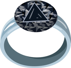 Graphic representation of a luxurious ring with a sparkling black diamond set on a silver band