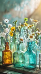 Rustic Collection of Vintage Colored Glass Bottles with Wildflowers