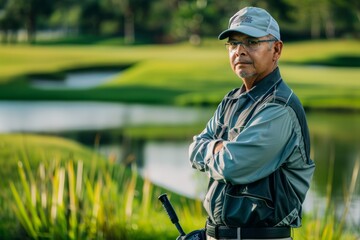 A golf course superintendent in maintenance attire stands by a pond, holding a golf club