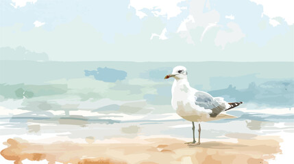Seagull bird watercolor hand painting. Seascape beach