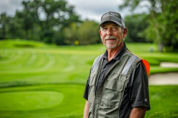 A man in maintenance attire poses in front of a vibrant green golf course