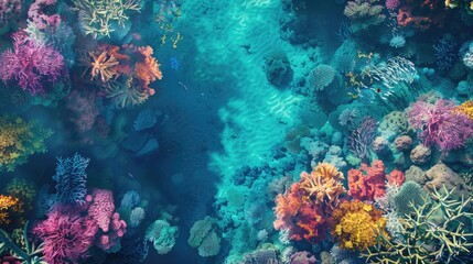 A top view of a vibrant coral reef with colorful marine life and crystal-clear water, providing a breathtaking underwater scene