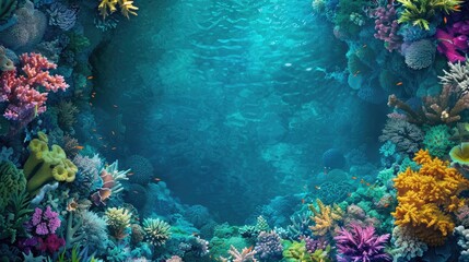 A top view of a vibrant coral reef with colorful marine life and crystal-clear water, providing a breathtaking underwater scene