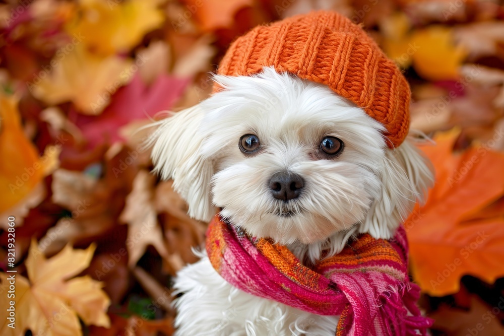 Poster charming puppy in autumn outfit against fall backdrop with ample space for text placement