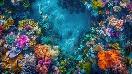 A top view of a vibrant coral reef with colorful marine life and crystal-clear water, providing a breathtaking underwater scene
