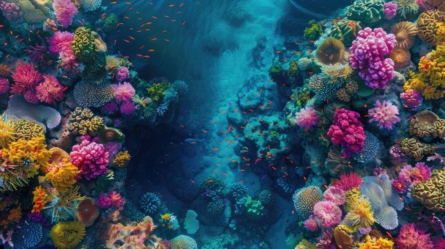 A top view of a vibrant coral reef with colorful marine life and crystal-clear water, providing a breathtaking underwater scene