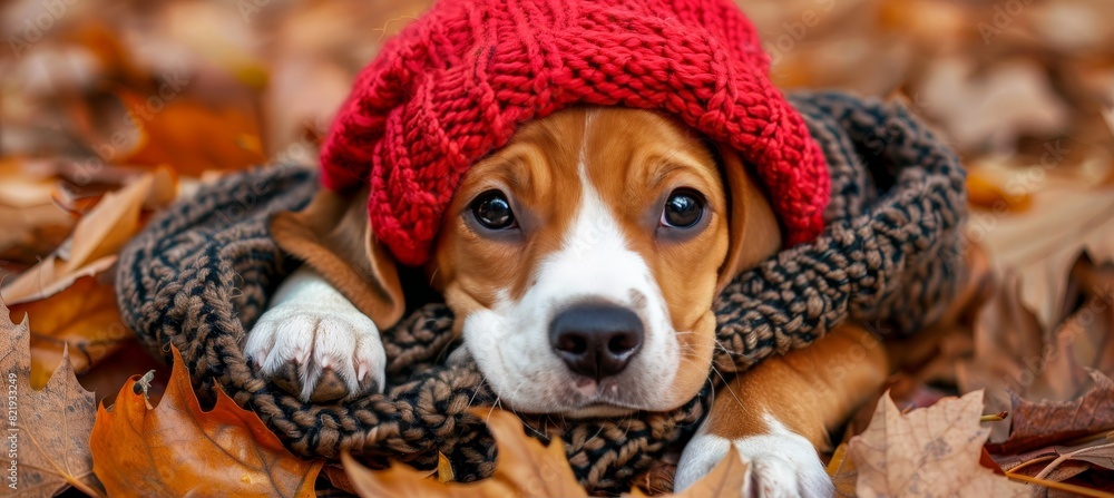 Poster sweet puppy in stylish hat and scarf on autumn backdrop with ample space for text insertion