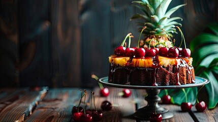 Gourmet chocolate cake adorned with fresh pineapple and cherries on elegant stand