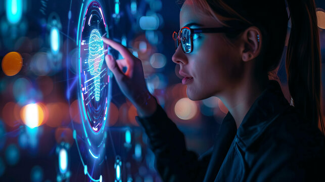 Businesswoman clicking digital artificial intelligence brain of IA hologram on projection display. Business office center with Artificial intelligence. Database, big data and information technology.