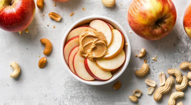 Healthy snack of sliced apples with peanut butter