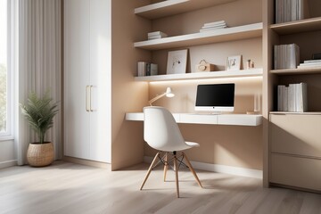 Modern Tan And Frosty White Study Room Design With Armless Chair