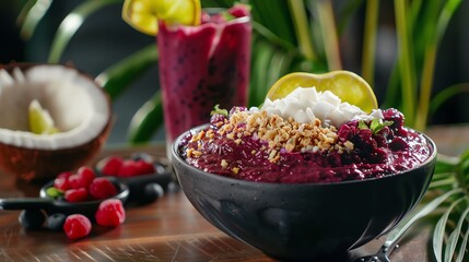Acai bowl with fresh raspberries and blueberries, topped with coconut flakes and chopped nuts,...