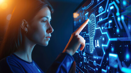 Businesswoman clicking digital artificial intelligence brain of IA hologram on display. Business office center with Artificial intelligence. Database, big data and information technology.